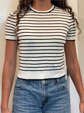Divided White and Black Striped Crop Knit Top